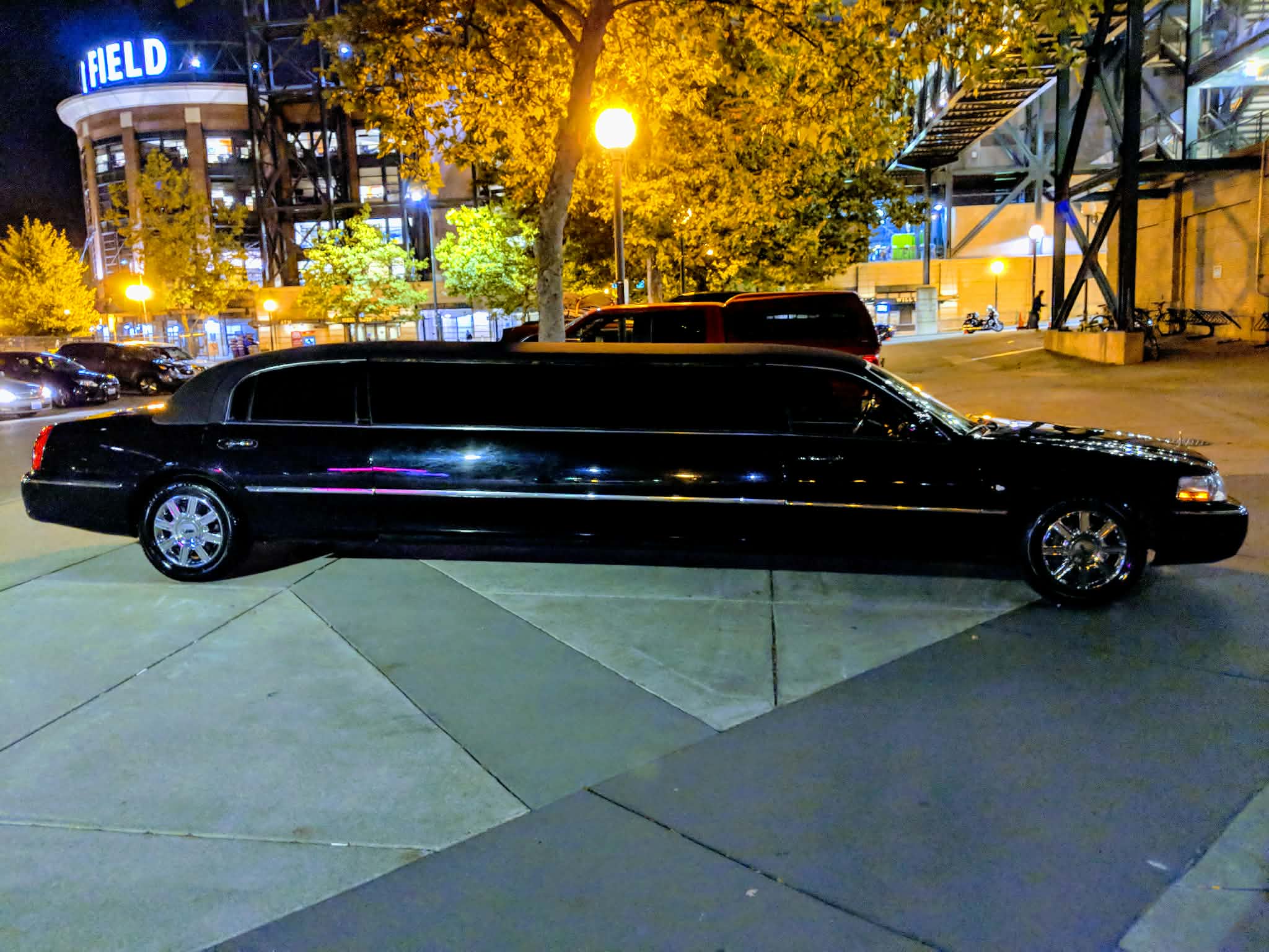Cascade Limousine stretch limo at night in Seattle